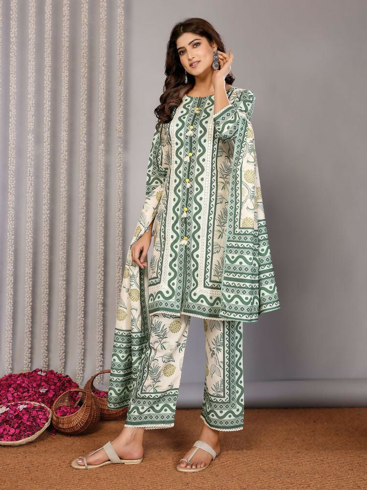 Joban Fashion Women Off White & Forest Green Linen Printed Stitched Kurta Set