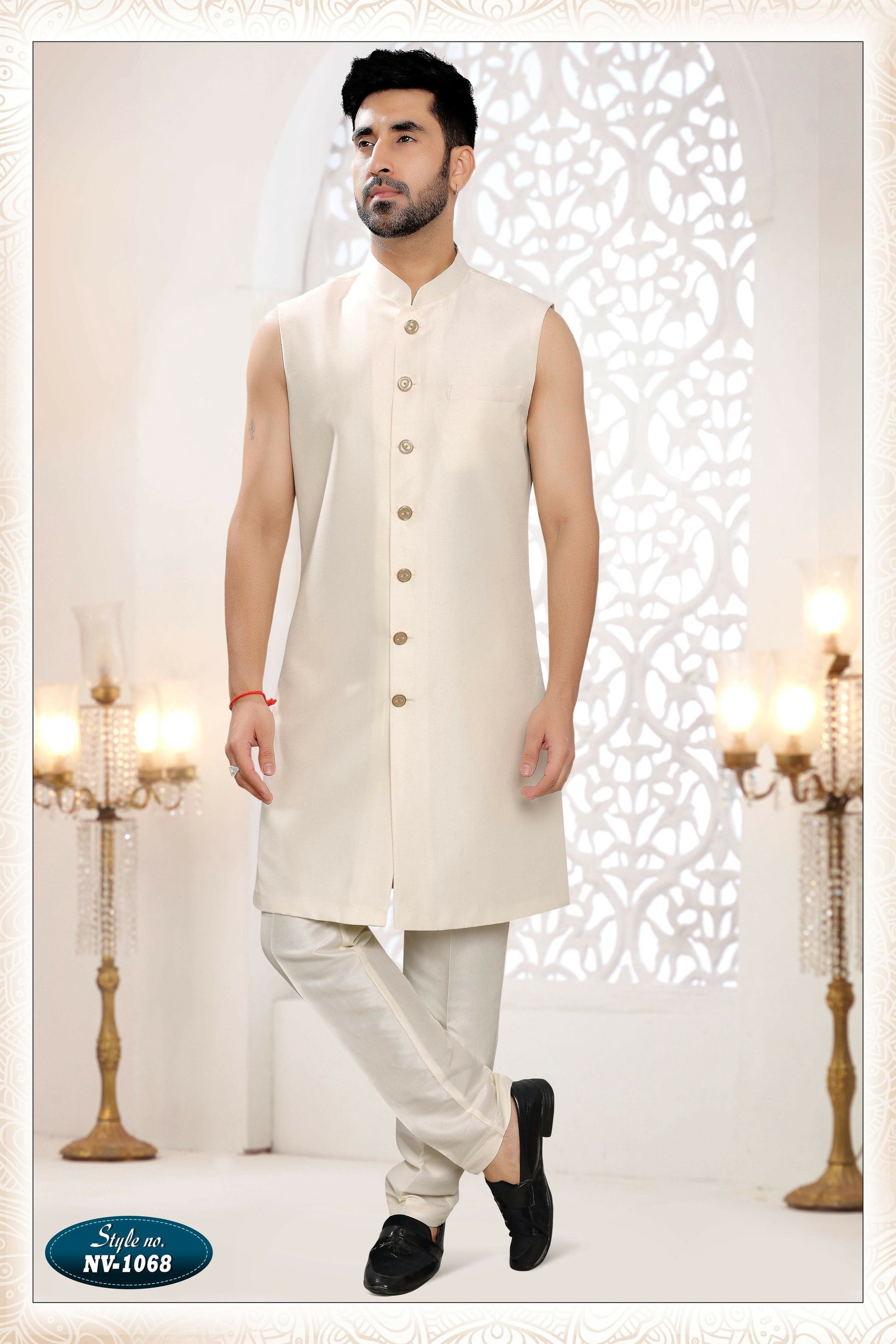 Joban Fashion Men's Cream Straight Silk Thread And Sequence Embroidery All Over 3 Pc Kurta Set