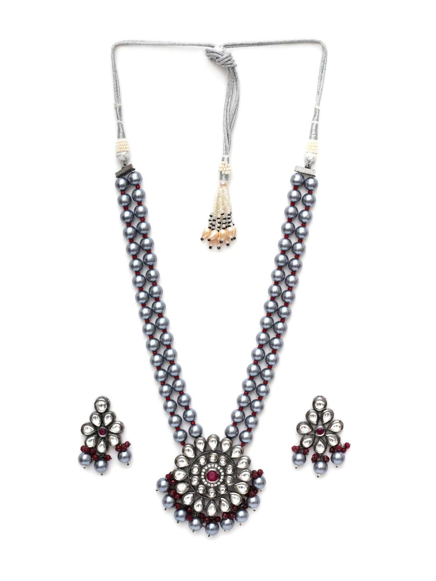 Long Kundan Neckpiece with Earrings with Multi Stones Jewellery Set (Grey) - Ruby Raang - Grab2buy