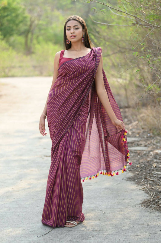 Very Much Indian Designer Pure Cotton Saree With All Over Linear Stripes - Maroon - Grab2buy