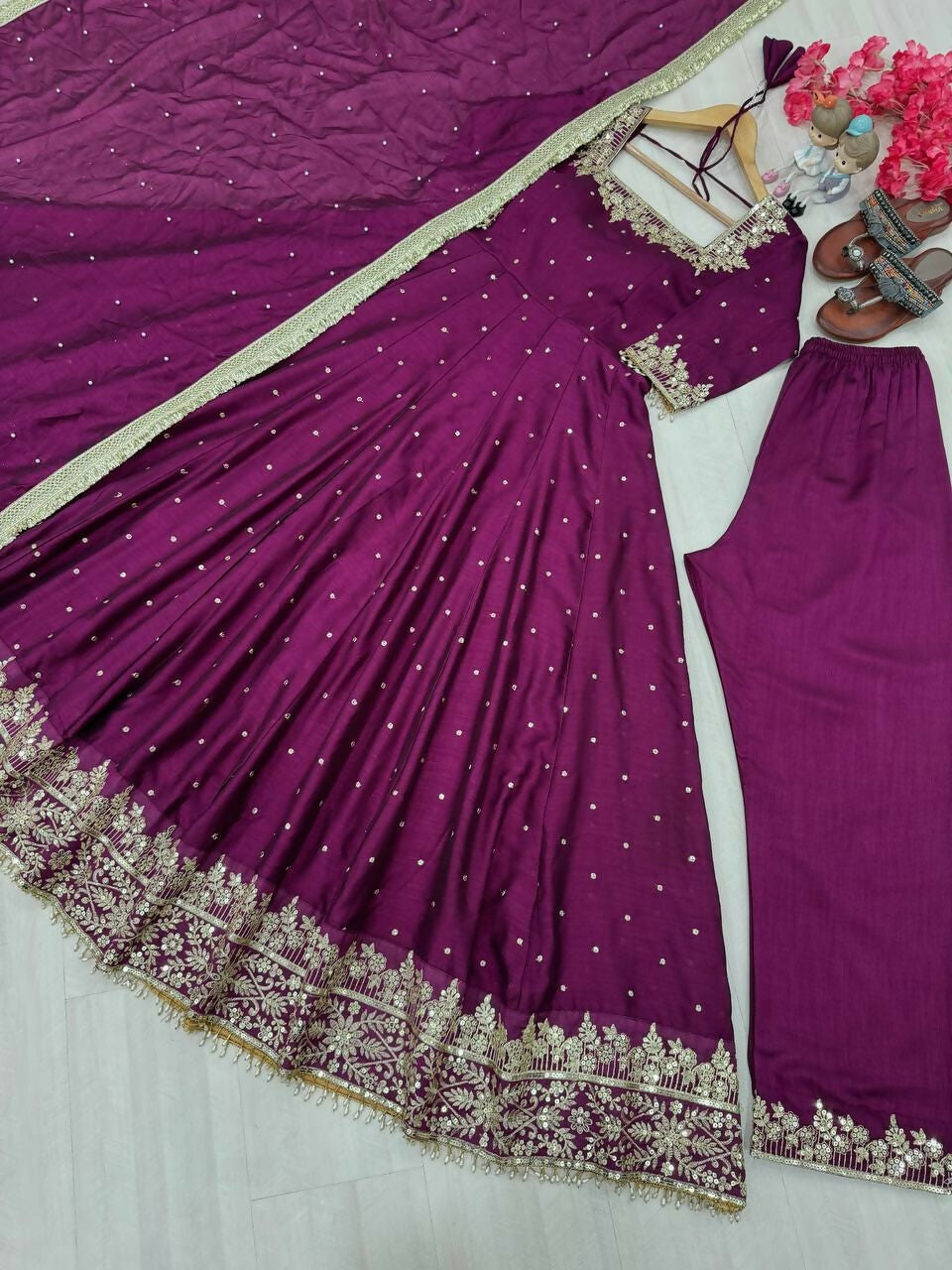 Teeya Creation Wine Color Pure Vichitra Silk Embroidery Work Party Wear Gown