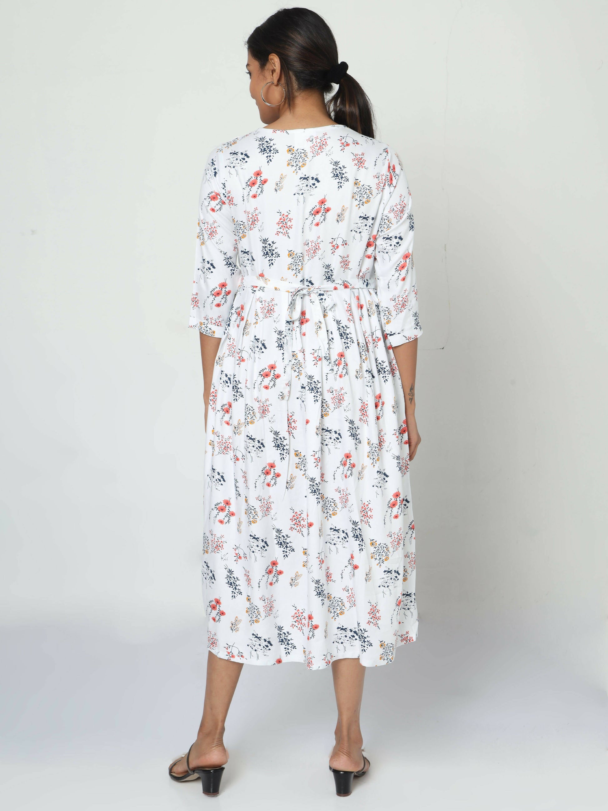 Manet Three Fourth Maternity Dress Floral Print With Concealed Zipper Nursing Access - White