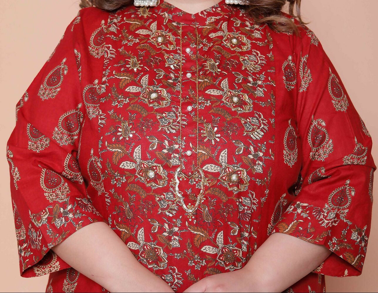 Miravan Women Floral Print Cotton Maroon Stitched Kurta Palazzo With Dupatta Set