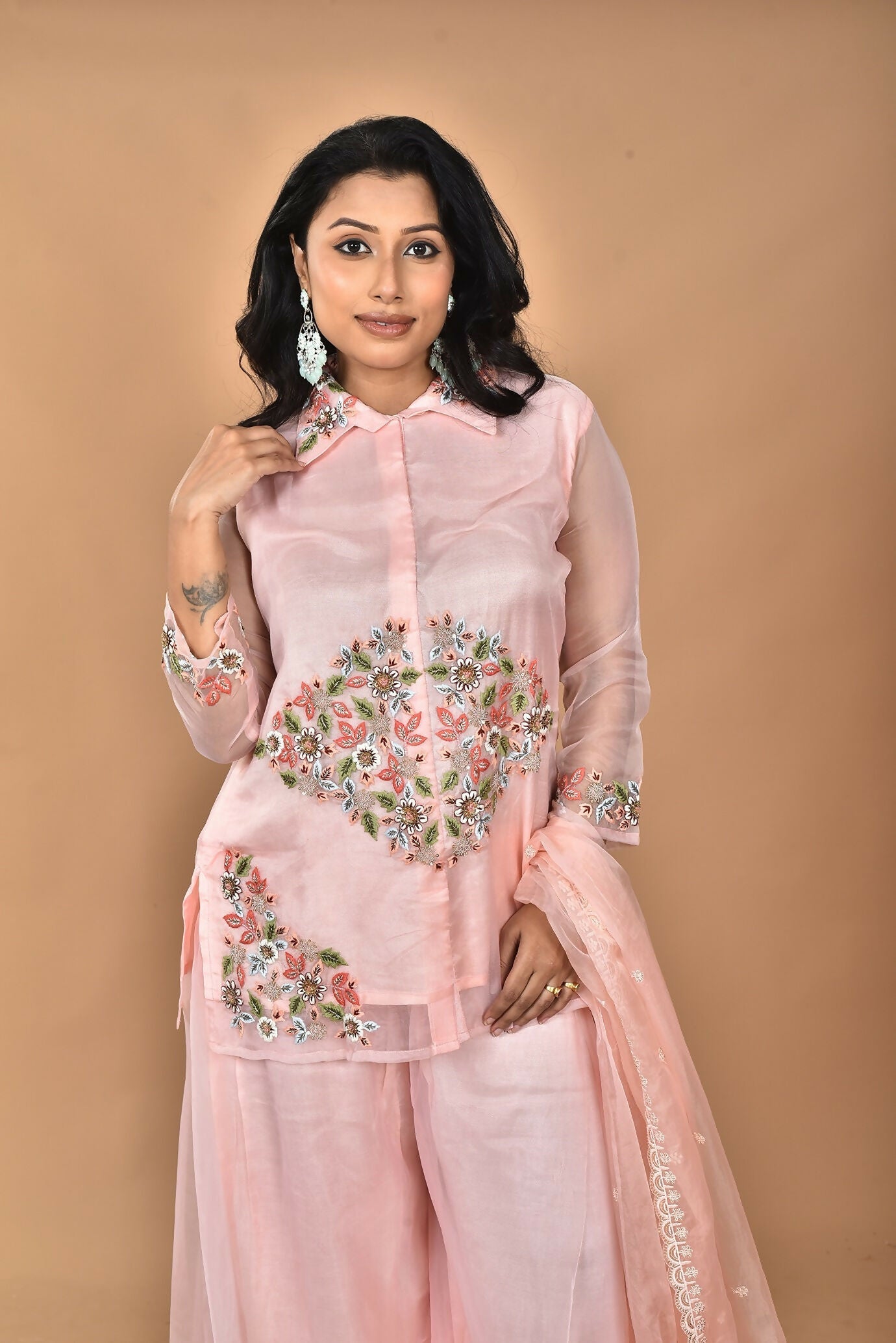 Morchari Women And Hand Embroidery Palazzo Set-Peach 
