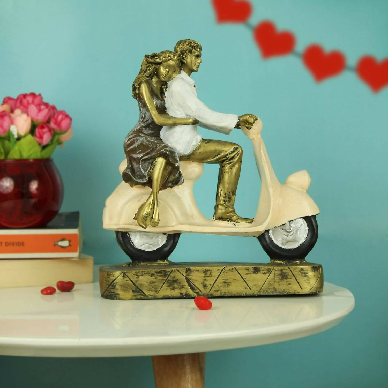 Tied Ribbons Romantic Love Couple On Scooter Showpiece Statue Decorative Items For Home 