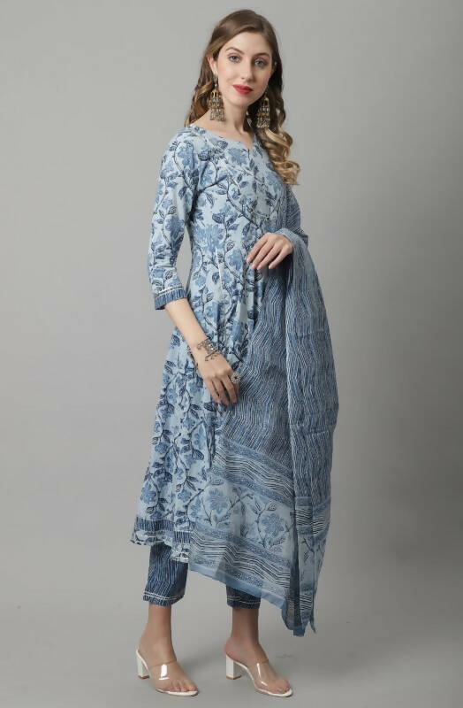 Aastha Fashion Women's Sky Blue Cotton Jaipuri Printed Kurta with Trouser & Dupatta - Grab2buy
