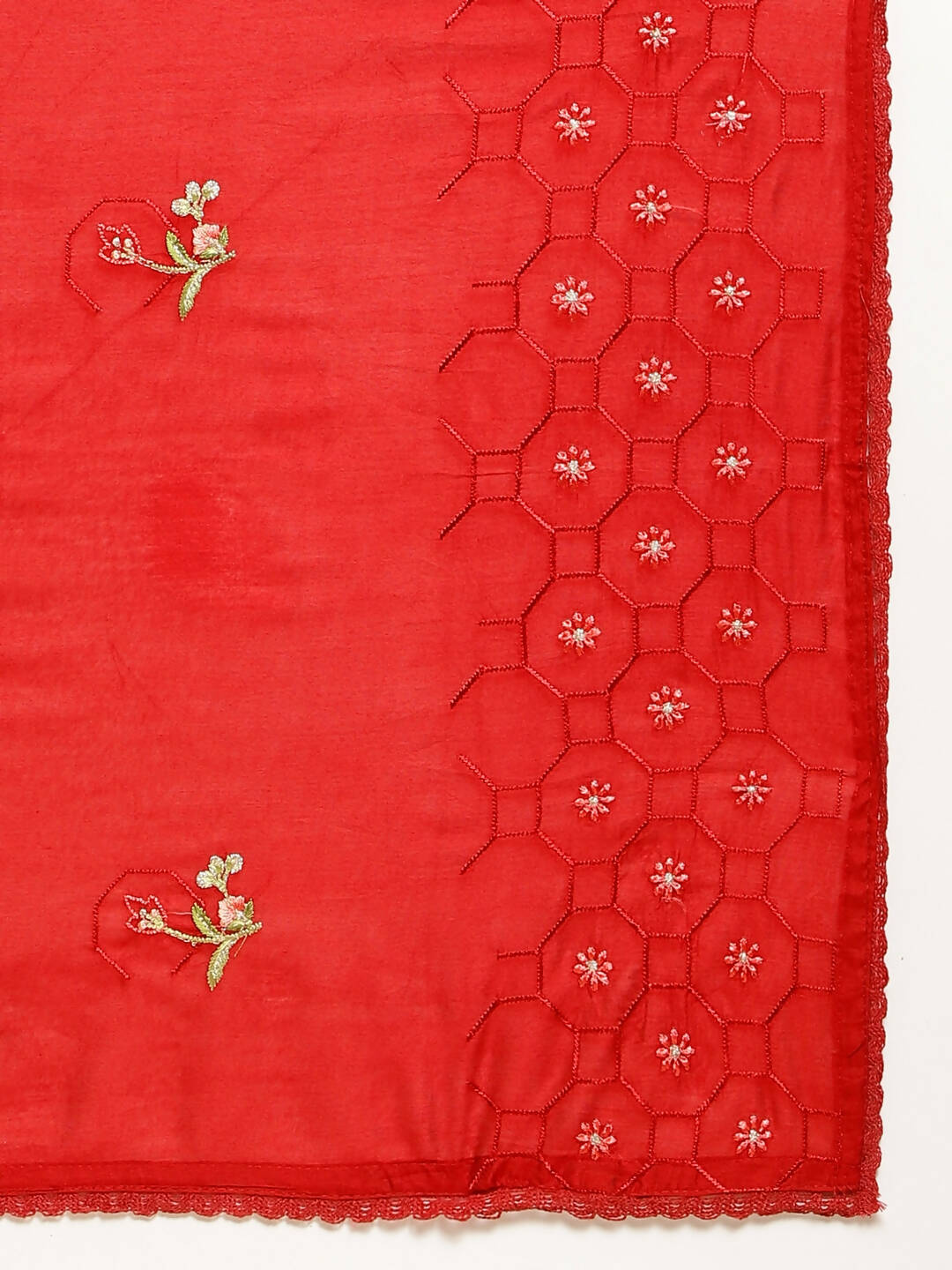 Red Chinon Embroidered Straight Kurta with Trouser & Dupatta - Salimar