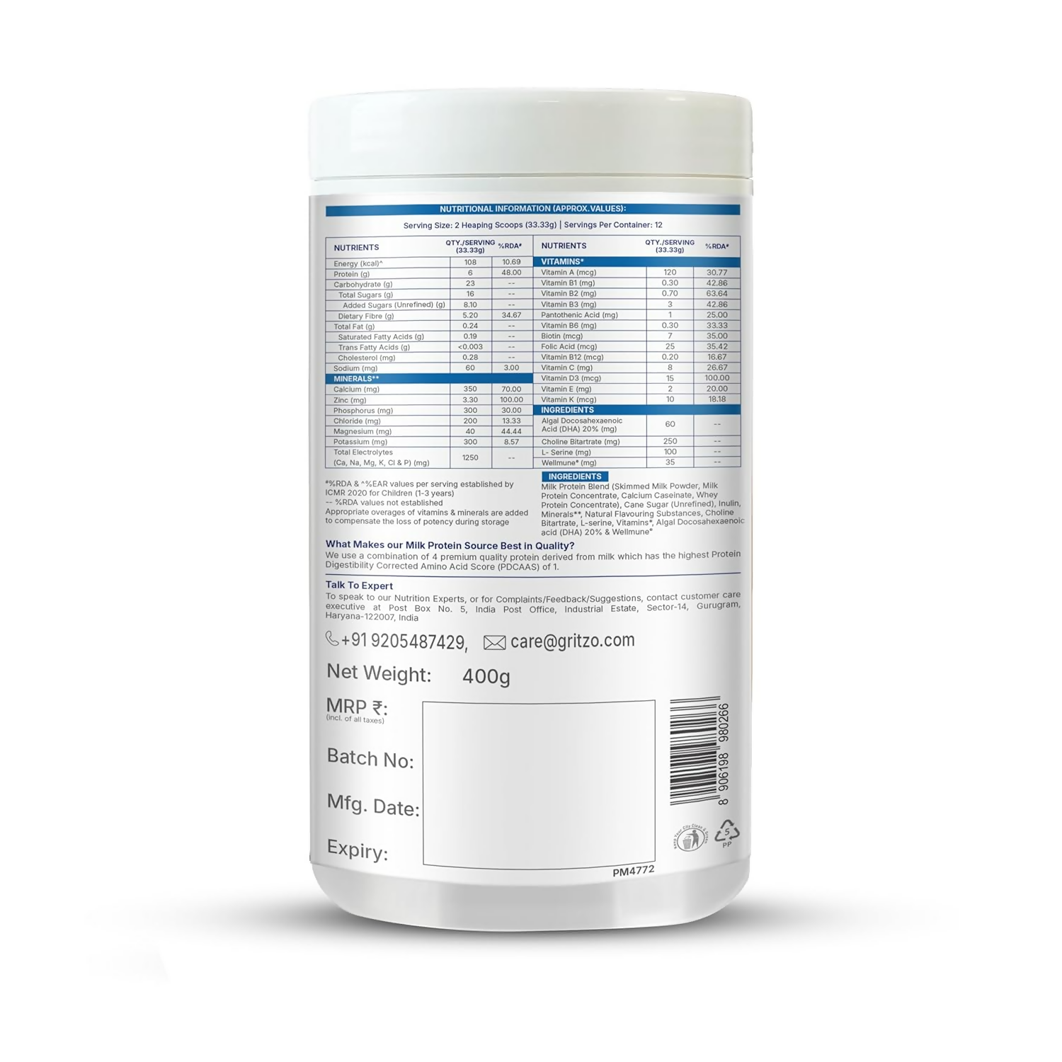Gritzo SuperMilk Overall Growth (2-6y Boy & Girl), 6g Protein Powder (Creamy Vanilla)