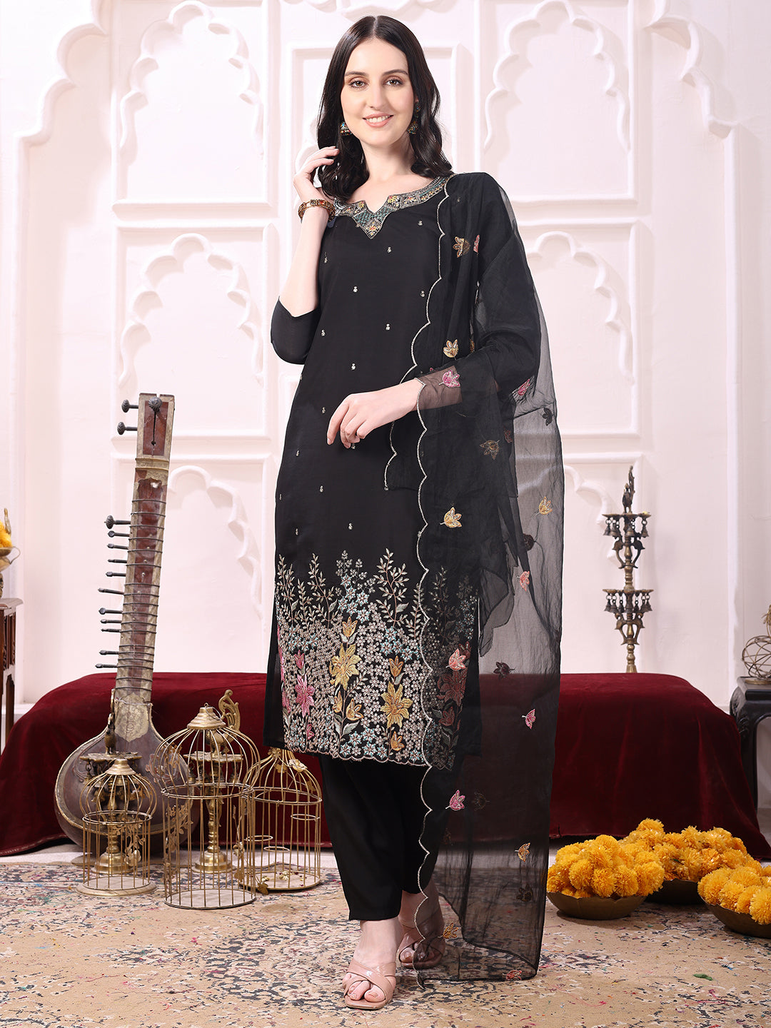 Sequinned & Thread Embroidered Kurta With Pant & Embroidered Dupatta, Black - Hiral Fashion