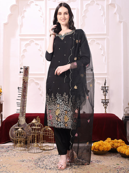 Sequinned & Thread Embroidered Kurta With Pant & Embroidered Dupatta, Black - Hiral Fashion
