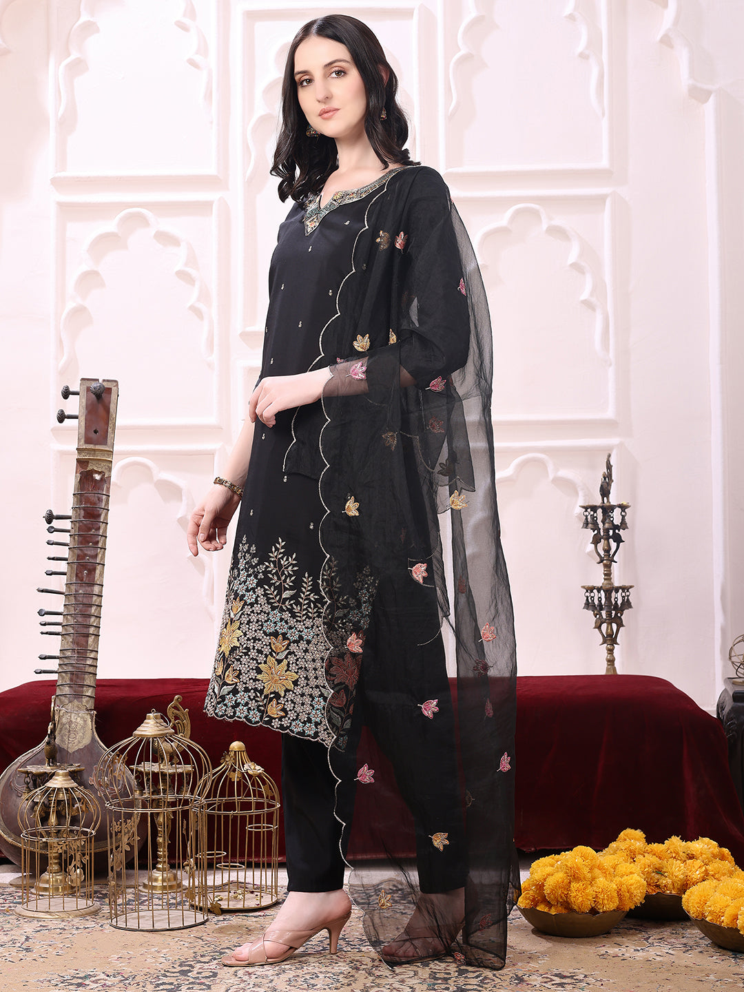Sequinned & Thread Embroidered Kurta With Pant & Embroidered Dupatta, Black - Hiral Fashion