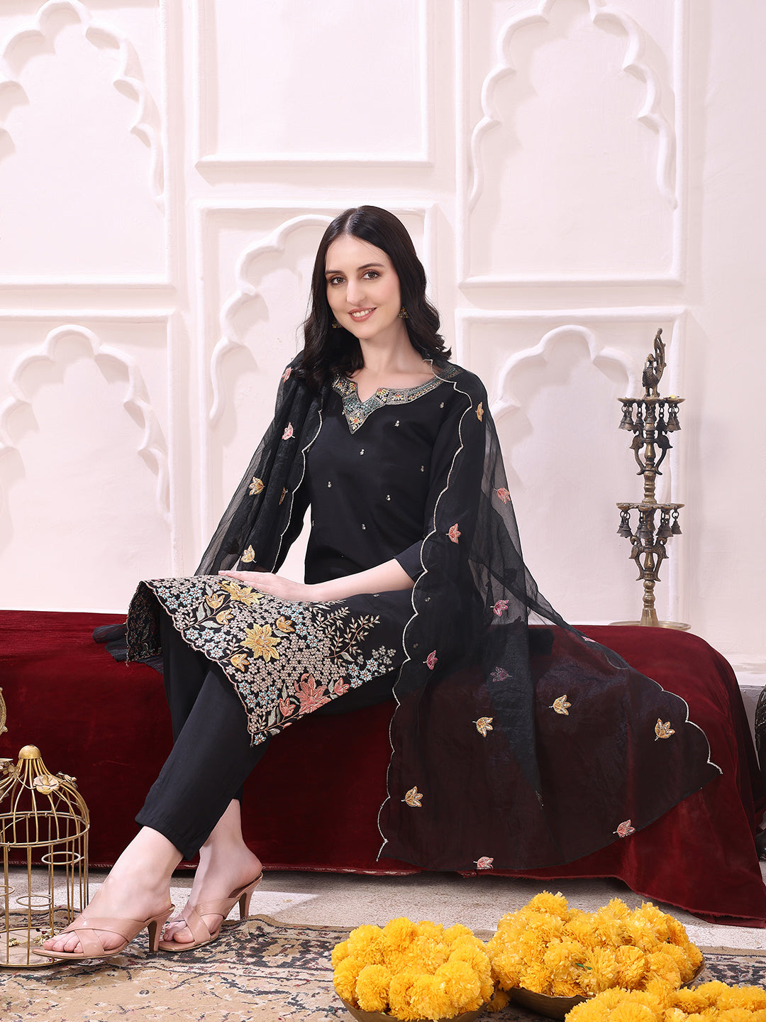 Sequinned & Thread Embroidered Kurta With Pant & Embroidered Dupatta, Black - Hiral Fashion