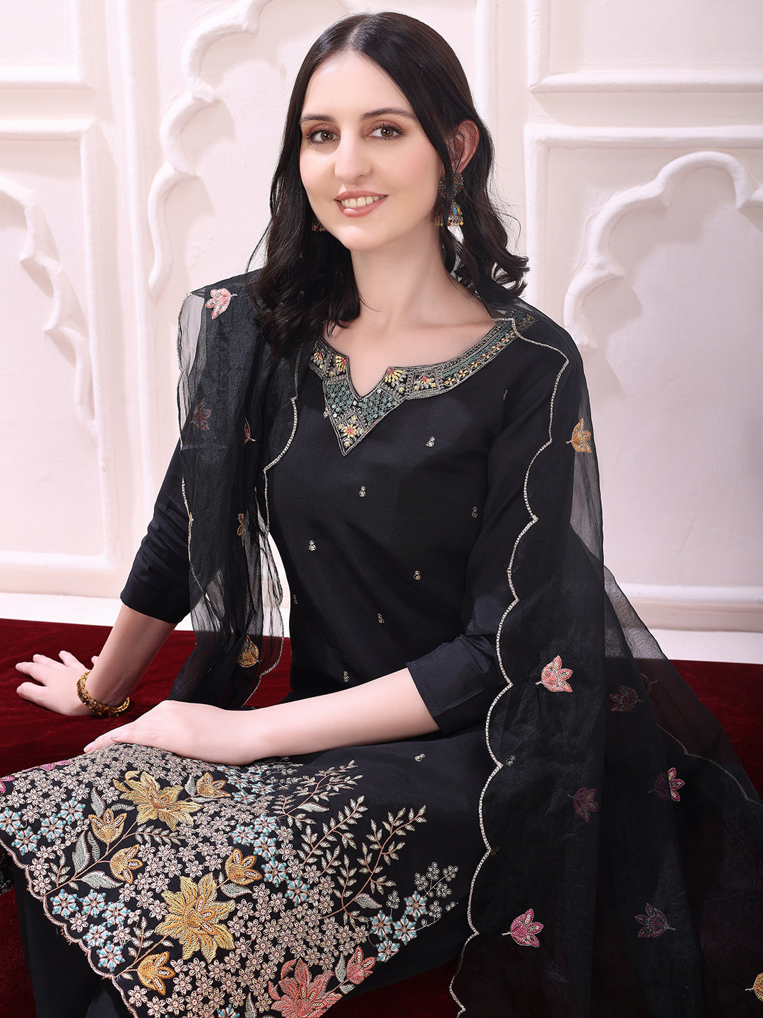 Sequinned & Thread Embroidered Kurta With Pant & Embroidered Dupatta, Black - Hiral Fashion