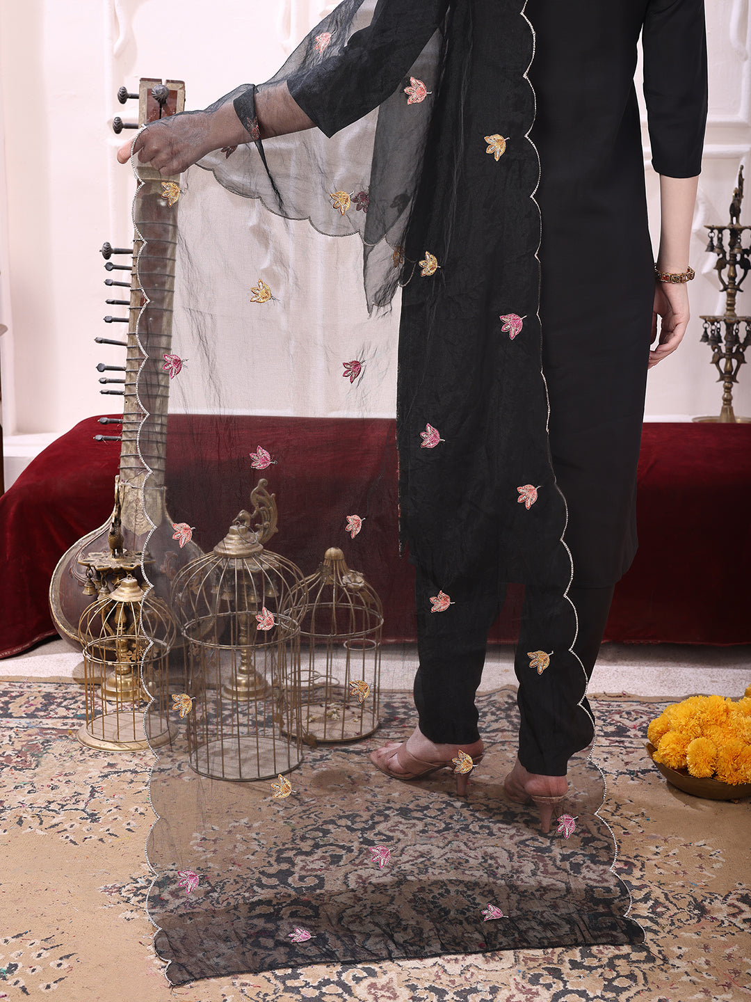 Sequinned & Thread Embroidered Kurta With Pant & Embroidered Dupatta, Black - Hiral Fashion