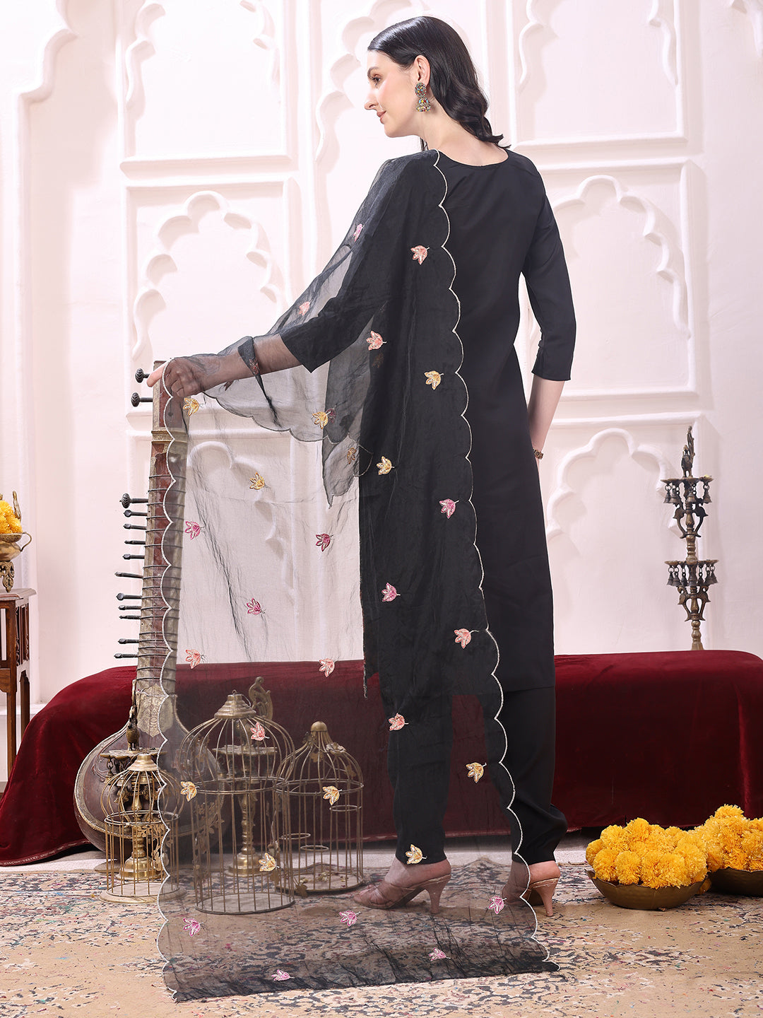 Sequinned & Thread Embroidered Kurta With Pant & Embroidered Dupatta, Black - Hiral Fashion