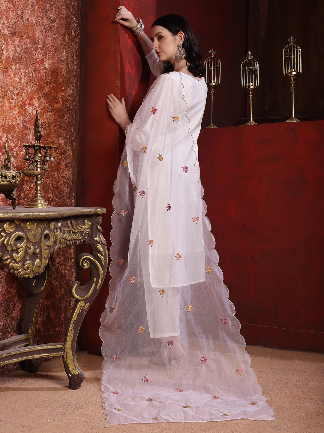 Sequinned & Thread Embroidered Kurta With Pant & Embroidered Dupatta, White - Hiral Fashion