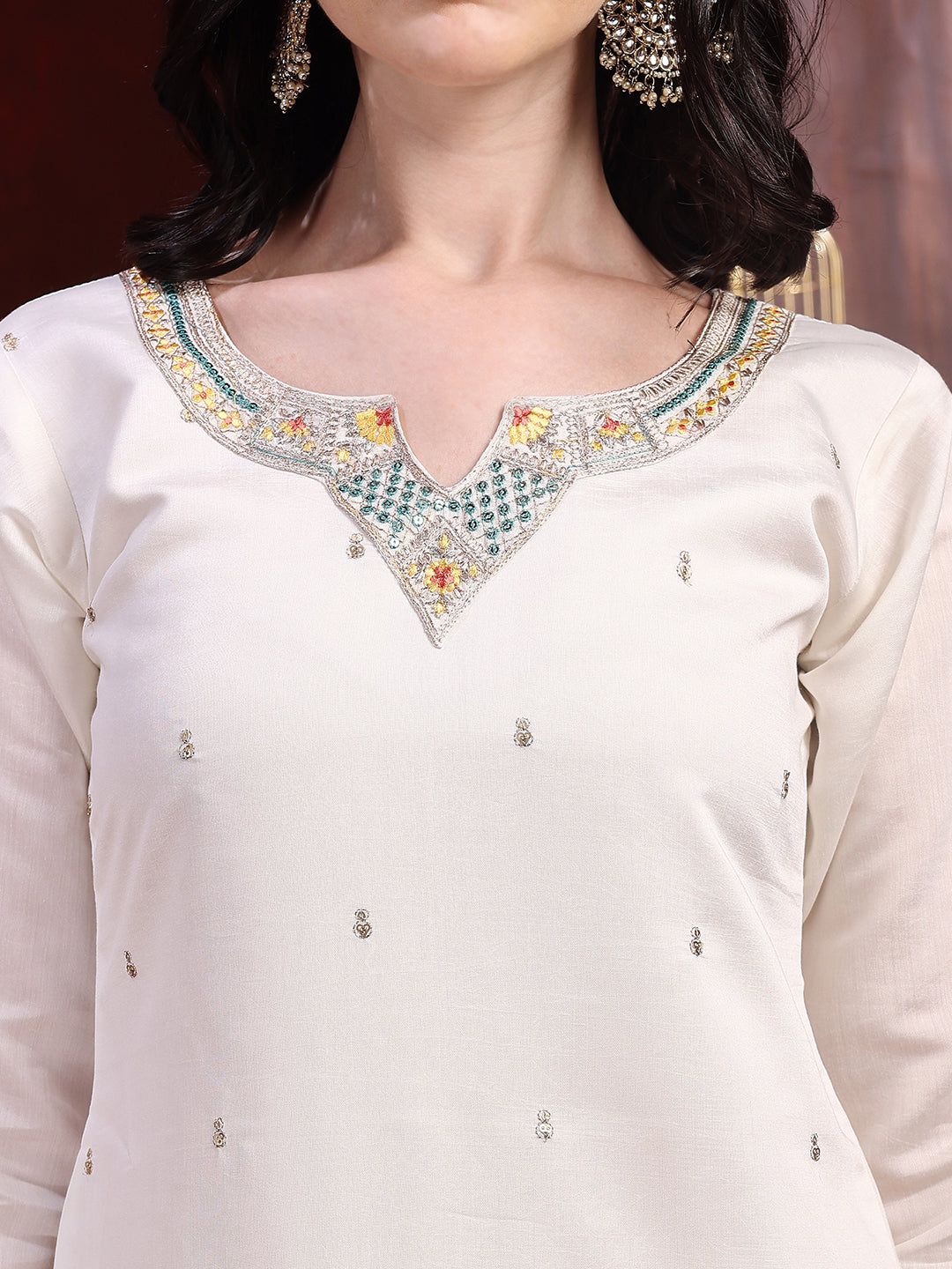 Sequinned & Thread Embroidered Kurta With Pant & Embroidered Dupatta, White - Hiral Fashion