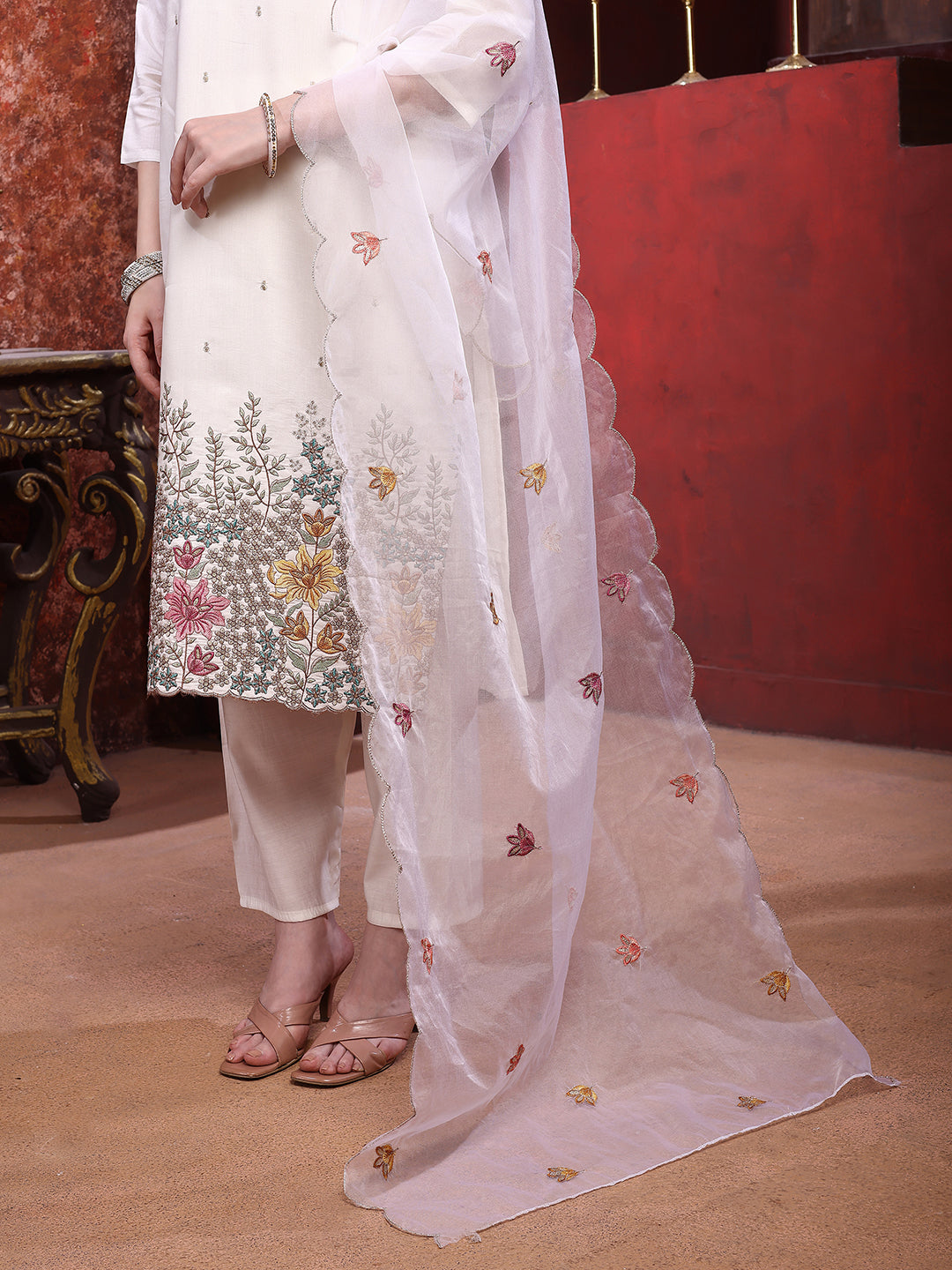 Sequinned & Thread Embroidered Kurta With Pant & Embroidered Dupatta, White - Hiral Fashion