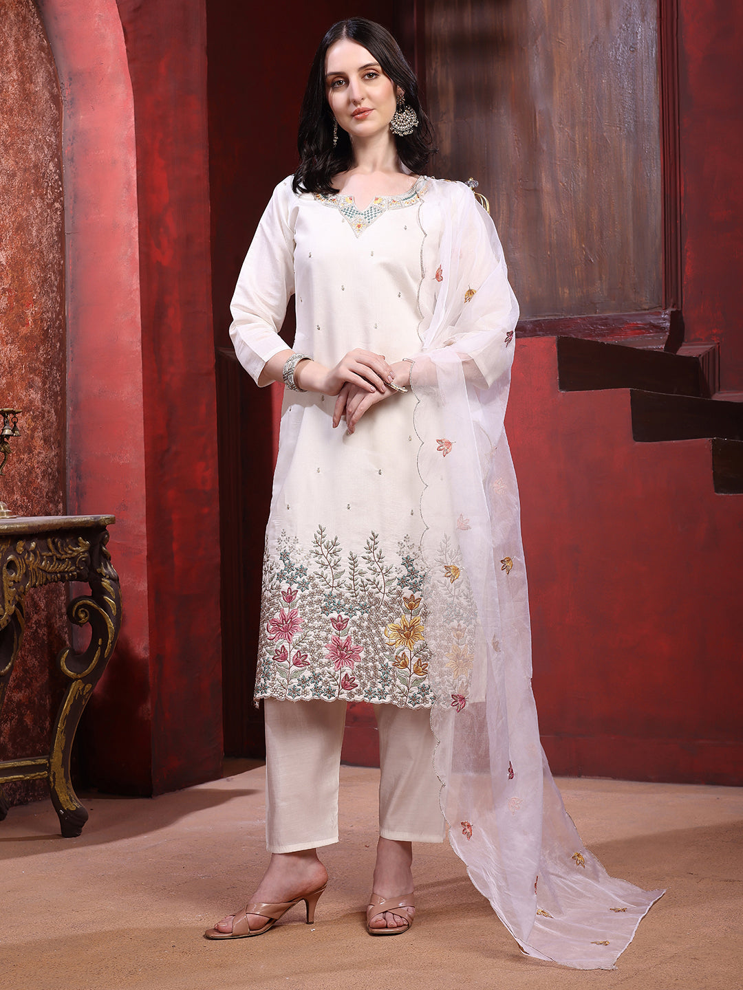 Sequinned & Thread Embroidered Kurta With Pant & Embroidered Dupatta, White - Hiral Fashion