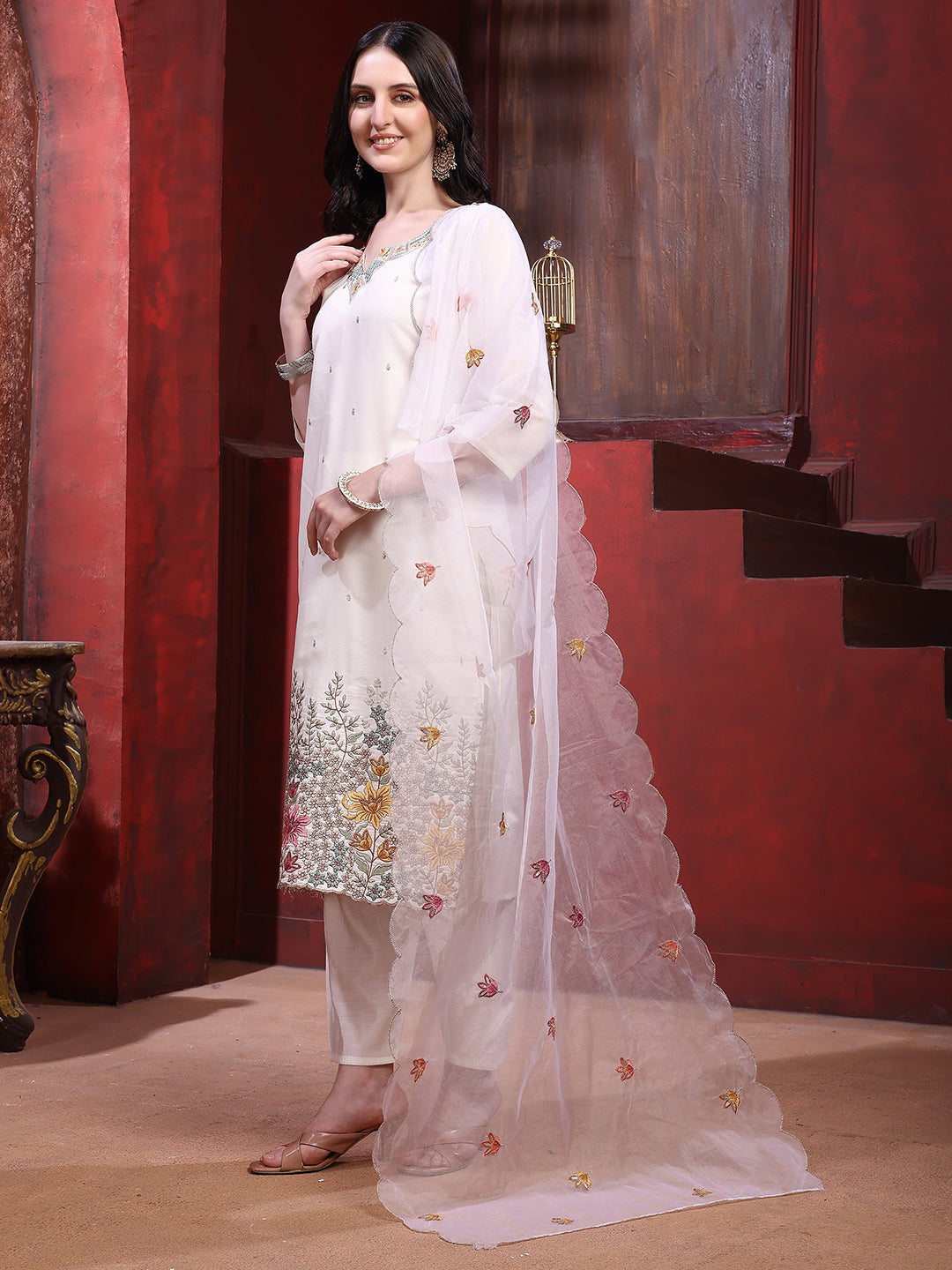 Sequinned & Thread Embroidered Kurta With Pant & Embroidered Dupatta, White - Hiral Fashion