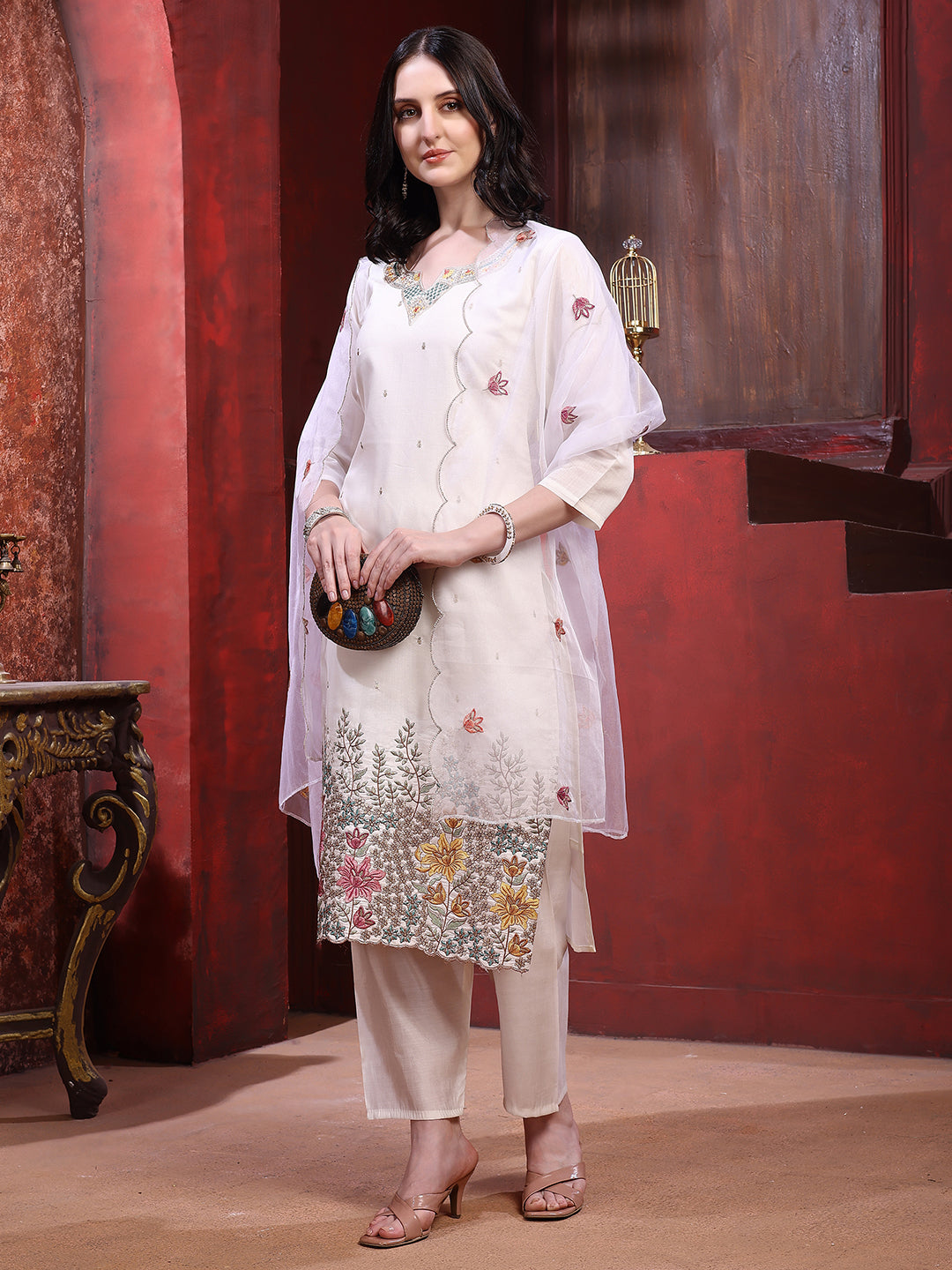 Sequinned & Thread Embroidered Kurta With Pant & Embroidered Dupatta, White - Hiral Fashion