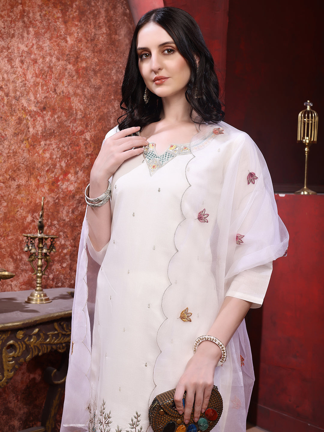 Sequinned & Thread Embroidered Kurta With Pant & Embroidered Dupatta, White - Hiral Fashion