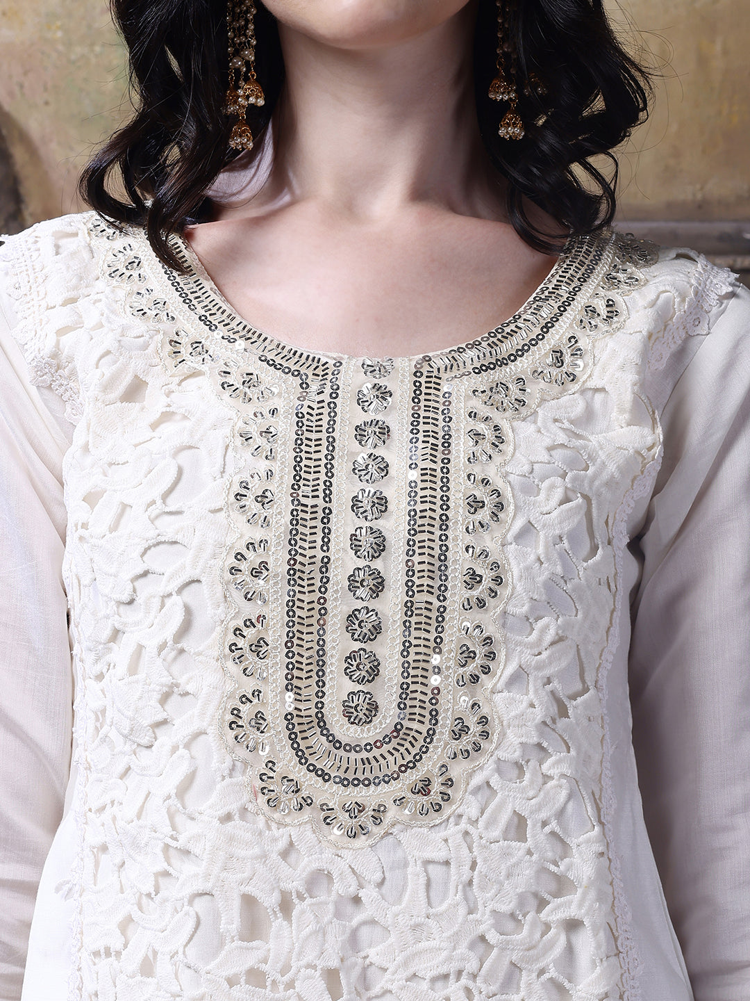 Applique Embroidered Kurta With Pant & Embroidered Dupatta, Cream - Hiral Fashion