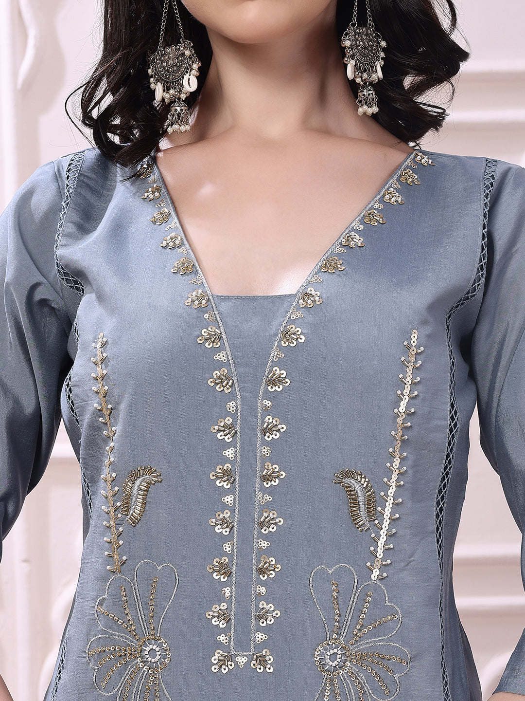 Heavy Hand Embroidered Kurta With Pant & Dupatta, Grey - Hiral Fashion