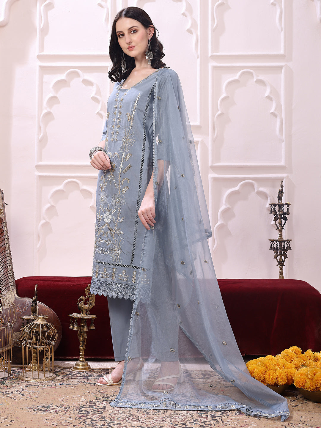 Heavy Hand Embroidered Kurta With Pant & Dupatta, Grey - Hiral Fashion