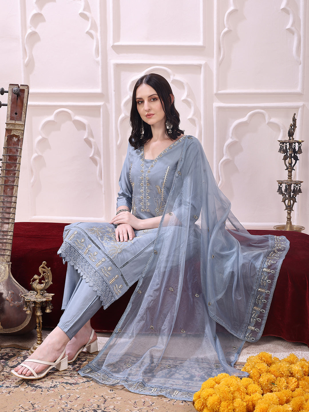 Heavy Hand Embroidered Kurta With Pant & Dupatta, Grey - Hiral Fashion