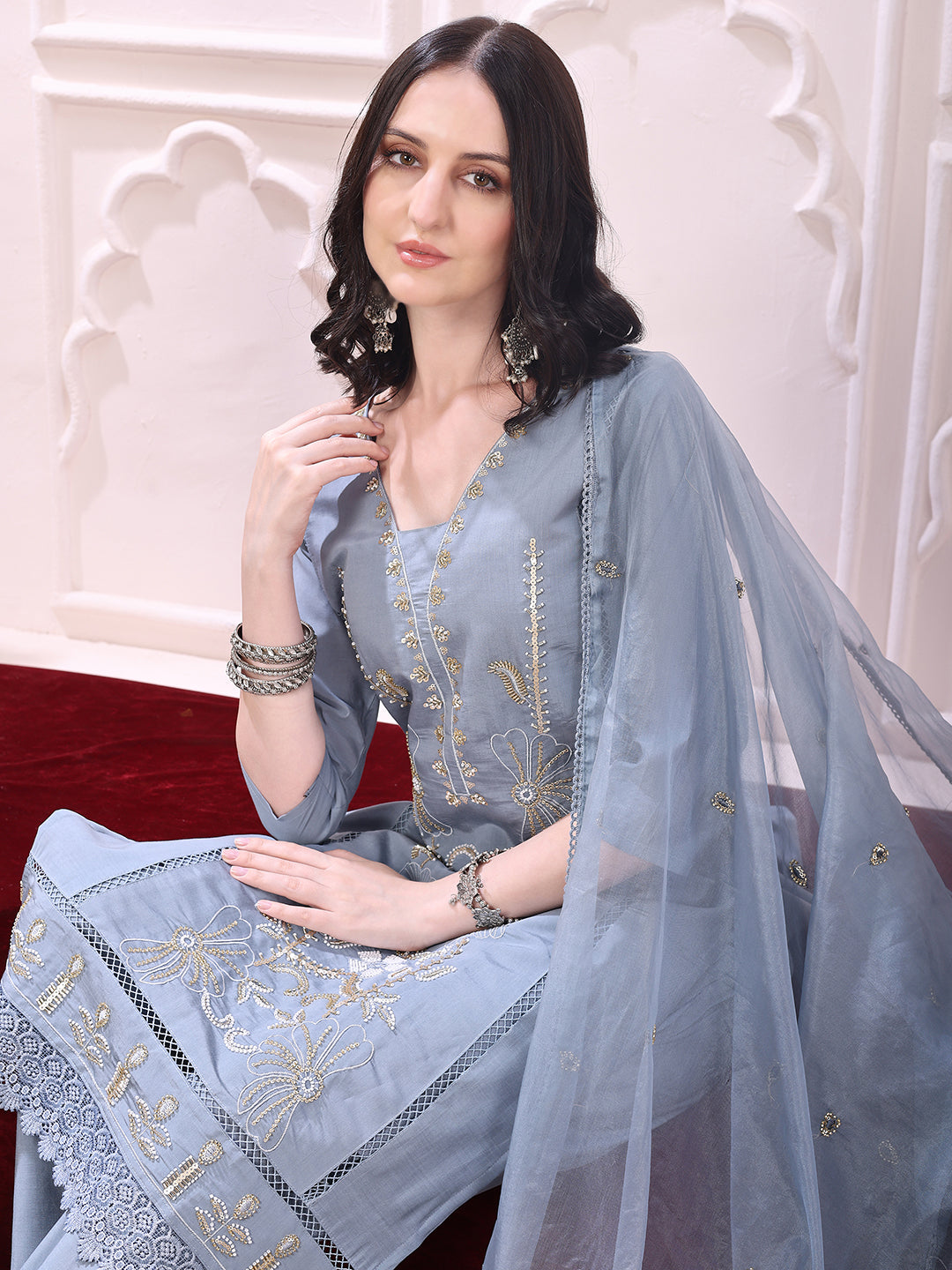 Heavy Hand Embroidered Kurta With Pant & Dupatta, Grey - Hiral Fashion