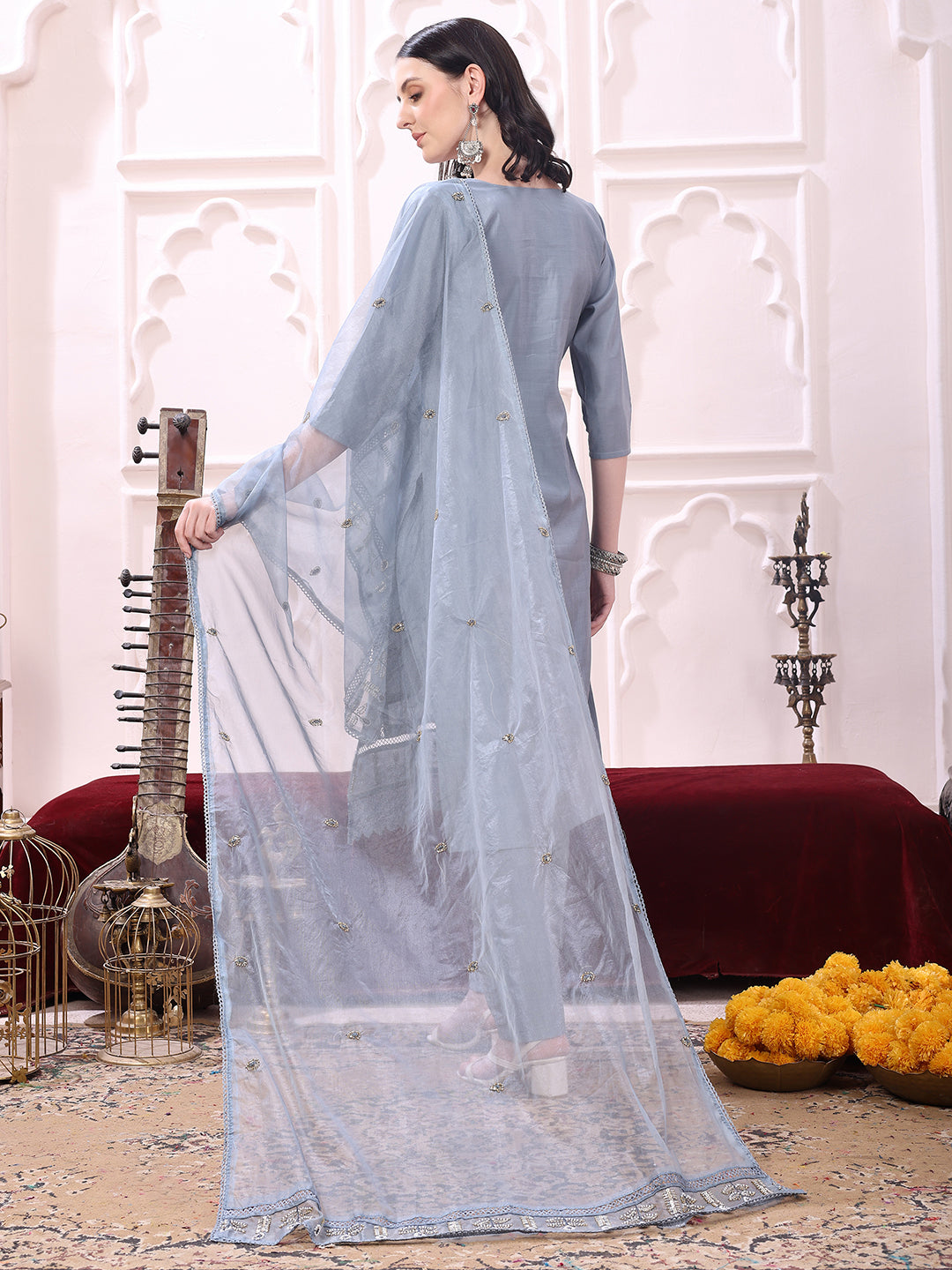 Heavy Hand Embroidered Kurta With Pant & Dupatta, Grey - Hiral Fashion