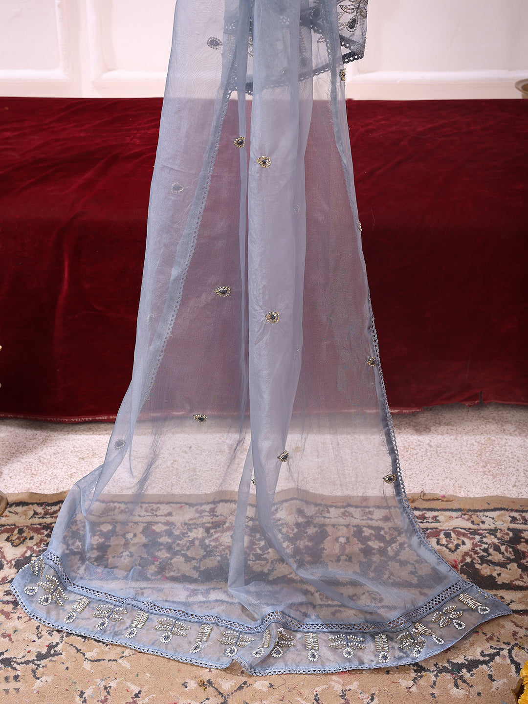 Heavy Hand Embroidered Kurta With Pant & Dupatta, Grey - Hiral Fashion