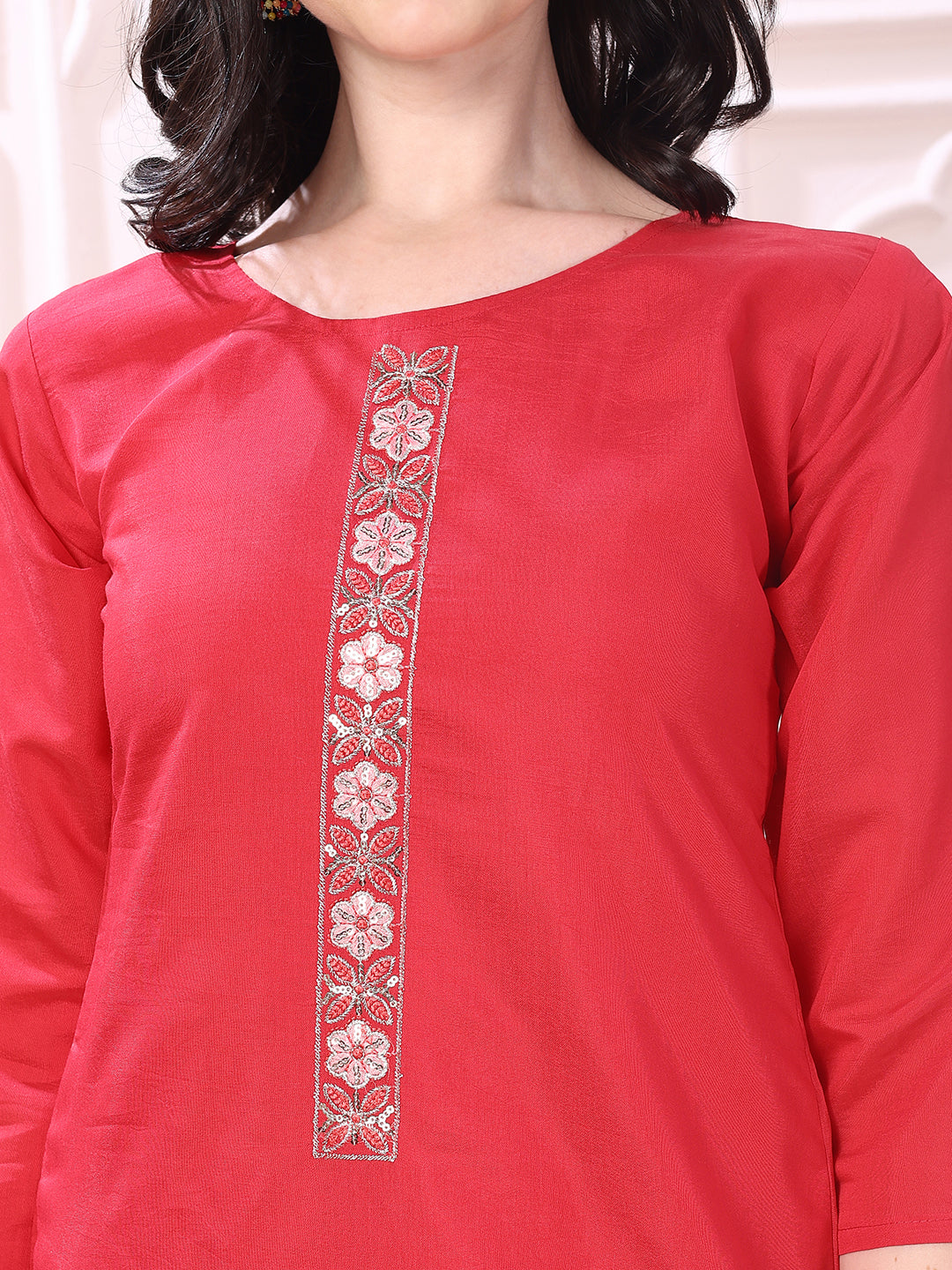 Hem Embroidered Kurta With Pant & Embroidered Dupatta, Pink - Hiral Fashion
