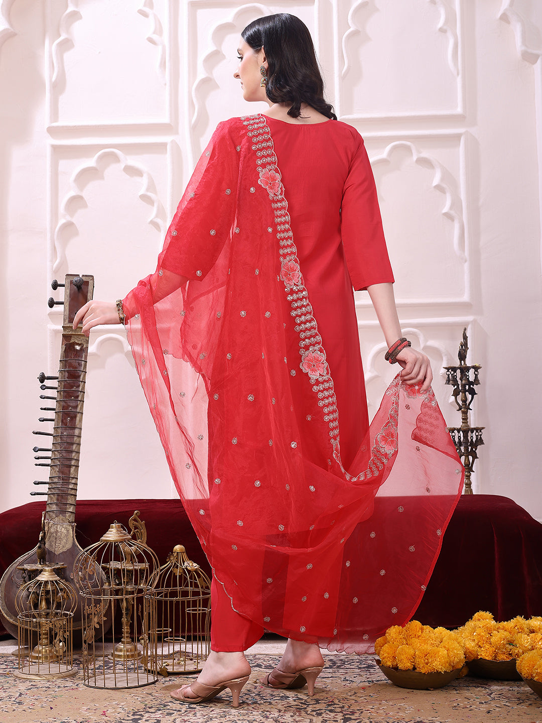 Hem Embroidered Kurta With Pant & Embroidered Dupatta, Pink - Hiral Fashion