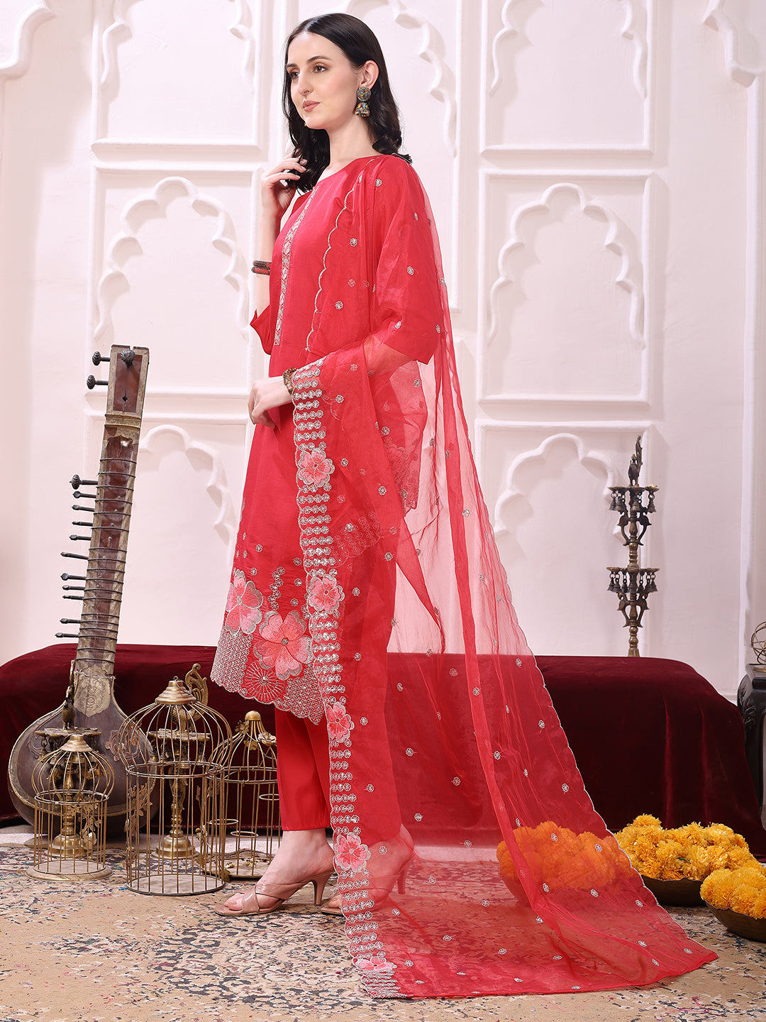 Hem Embroidered Kurta With Pant & Embroidered Dupatta, Pink - Hiral Fashion