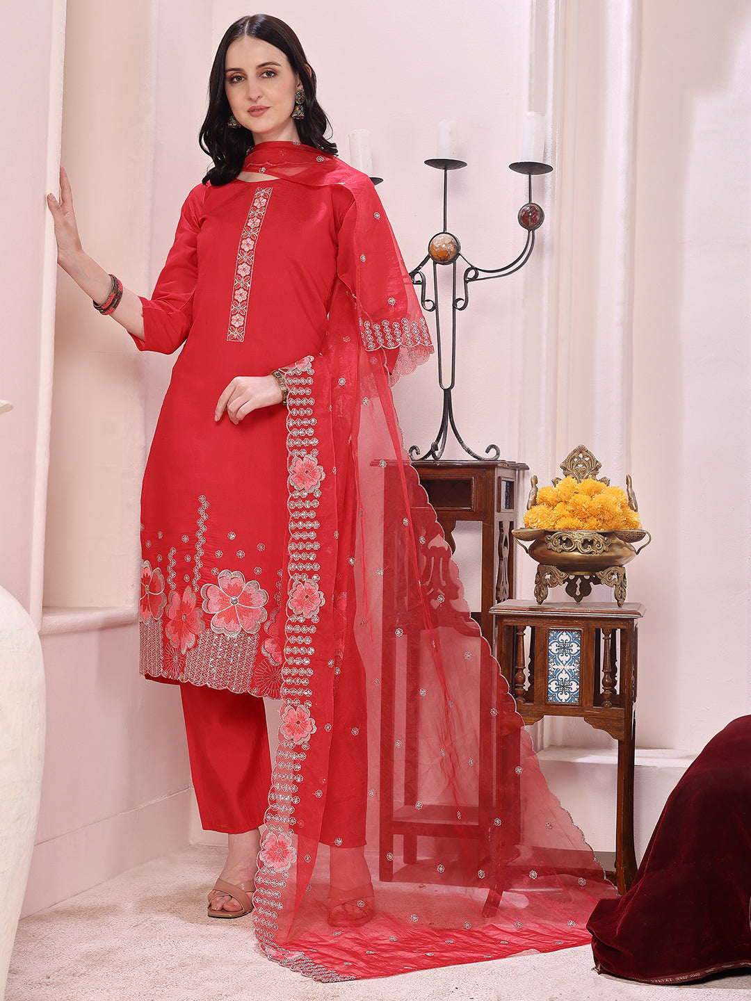 Hem Embroidered Kurta With Pant & Embroidered Dupatta, Pink - Hiral Fashion