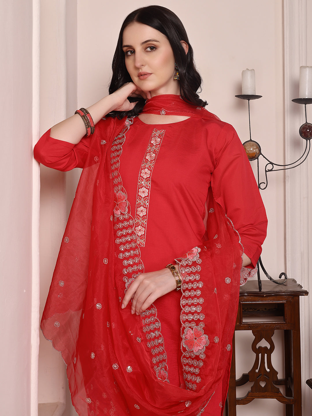 Hem Embroidered Kurta With Pant & Embroidered Dupatta, Pink - Hiral Fashion