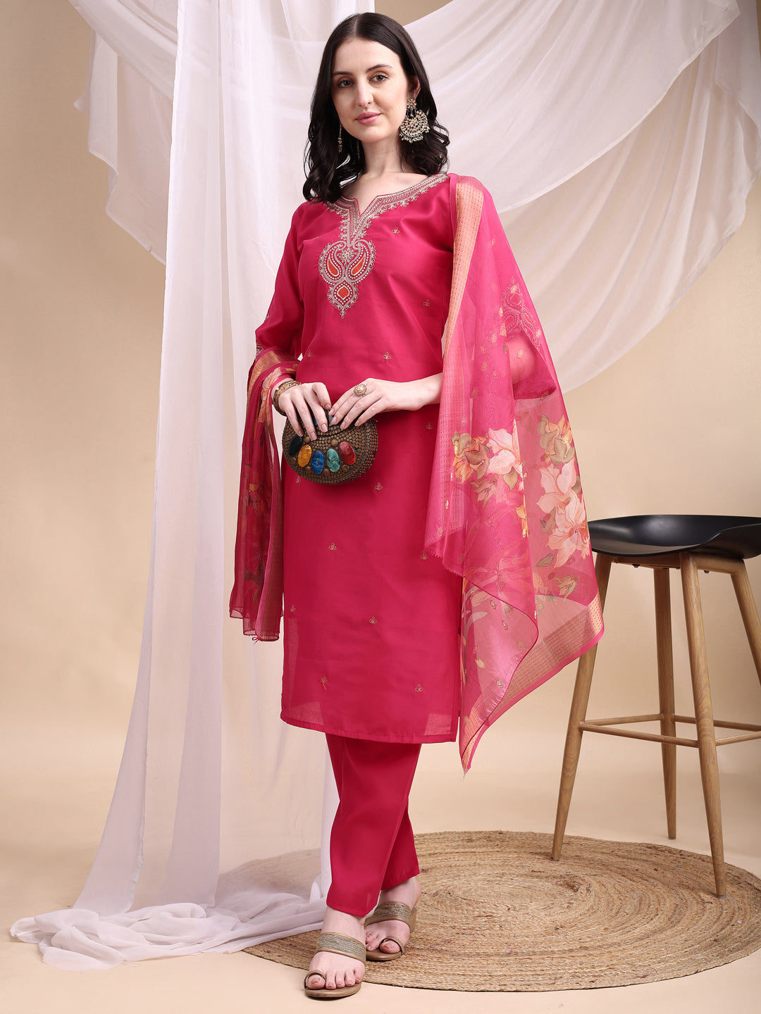 Embroidered Kurta With Pant & Printed Organza Dupatta, Pink - Hiral Fashion