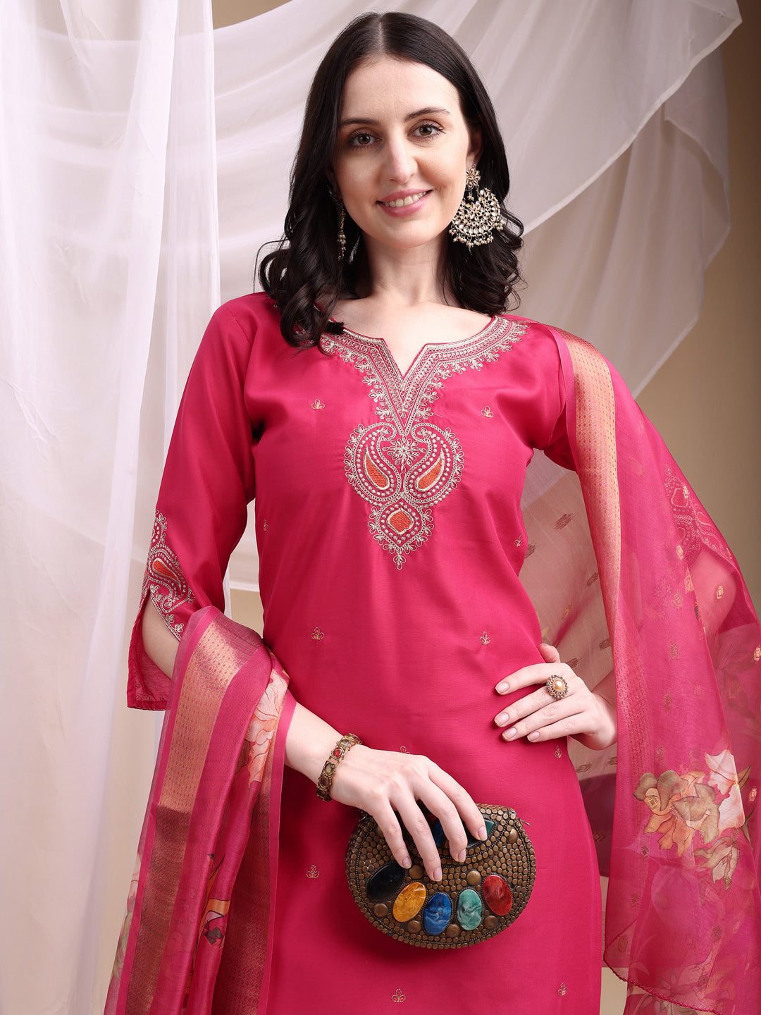 Embroidered Kurta With Pant & Printed Organza Dupatta, Pink - Hiral Fashion