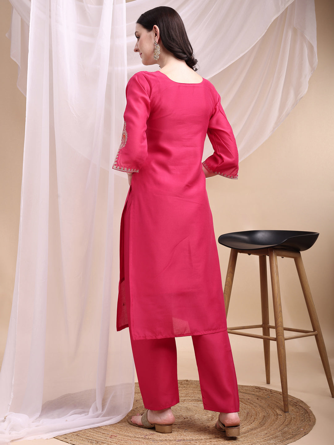 Embroidered Kurta With Pant & Printed Organza Dupatta, Pink - Hiral Fashion