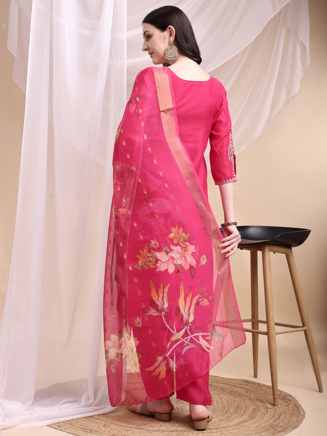 Embroidered Kurta With Pant & Printed Organza Dupatta, Pink - Hiral Fashion