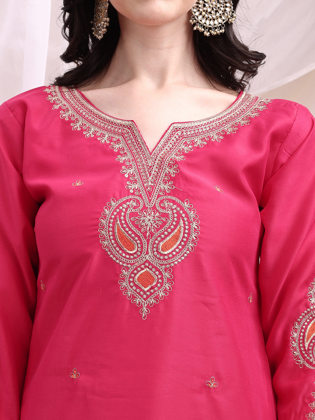 Embroidered Kurta With Pant & Printed Organza Dupatta, Pink - Hiral Fashion