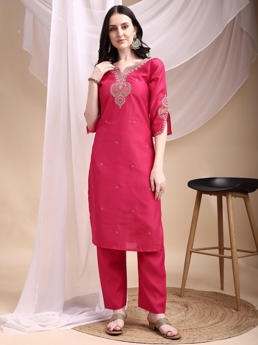 Embroidered Kurta With Pant & Printed Organza Dupatta, Pink - Hiral Fashion