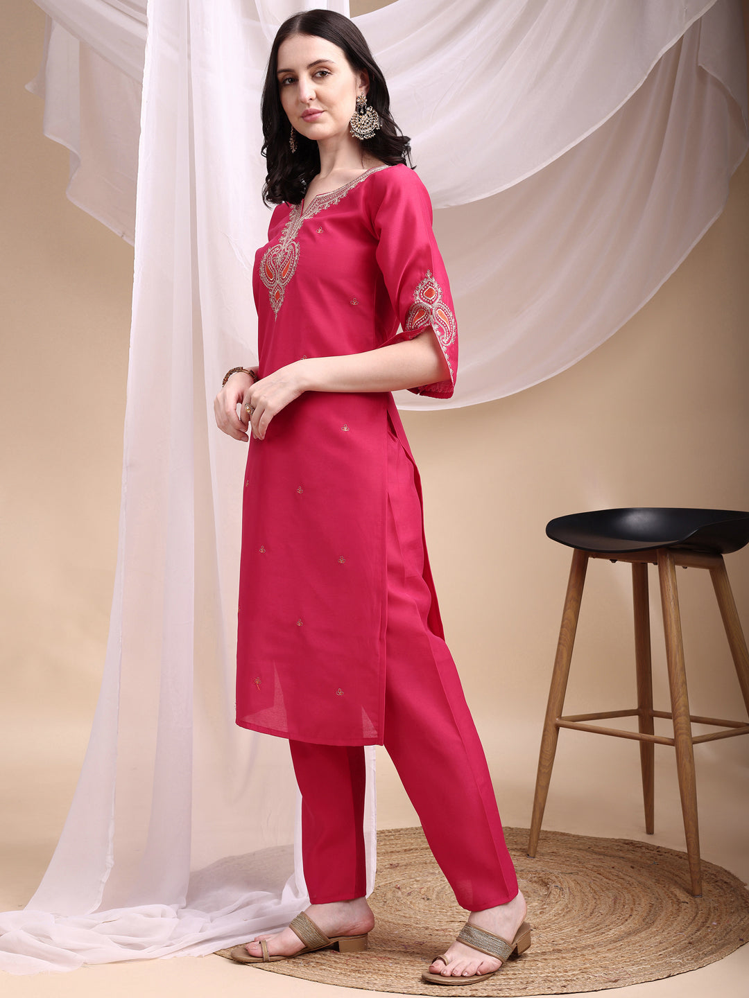Embroidered Kurta With Pant & Printed Organza Dupatta, Pink - Hiral Fashion