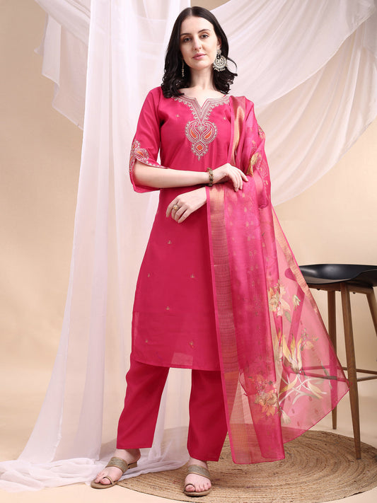 Embroidered Kurta With Pant & Printed Organza Dupatta, Pink - Hiral Fashion