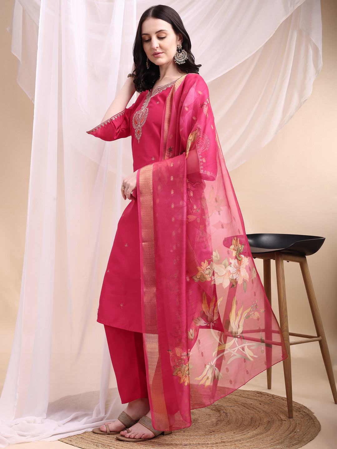 Embroidered Kurta With Pant & Printed Organza Dupatta, Pink - Hiral Fashion