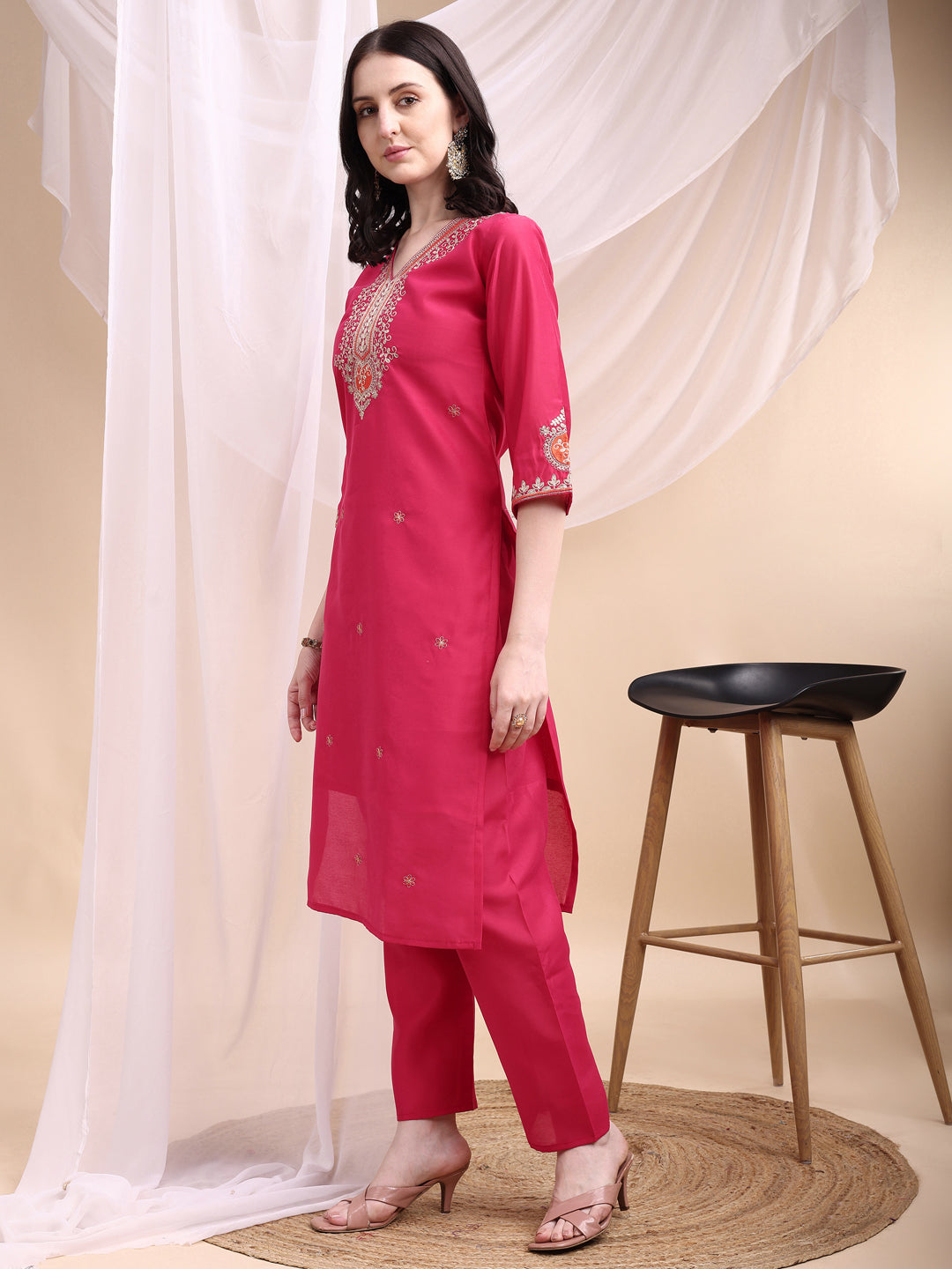 Embroidered Kurta With Pant & Printed Organza Dupatta, Pink - Hiral Fashion