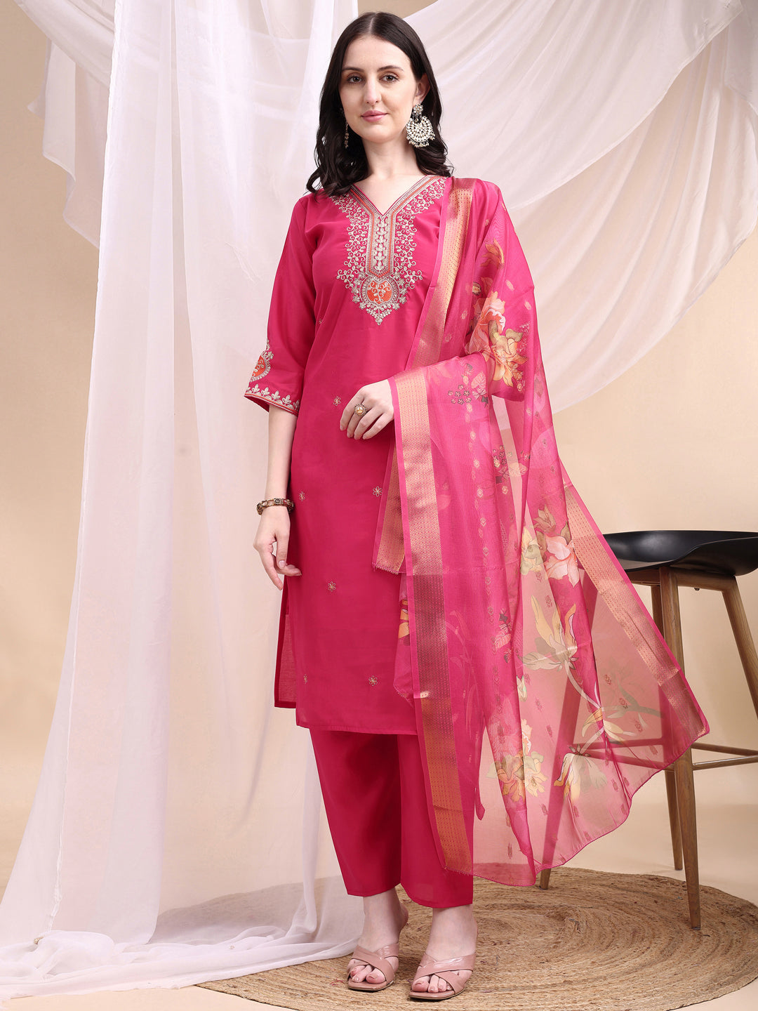 Embroidered Kurta With Pant & Printed Organza Dupatta, Pink - Hiral Fashion