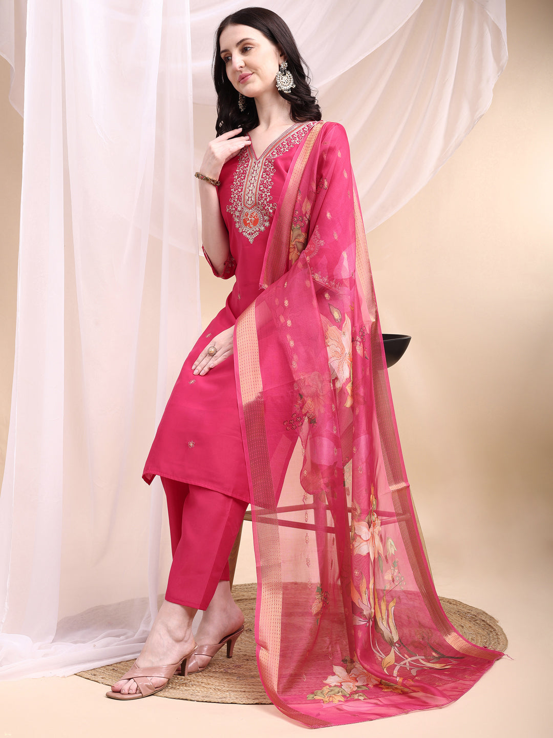 Embroidered Kurta With Pant & Printed Organza Dupatta, Pink - Hiral Fashion